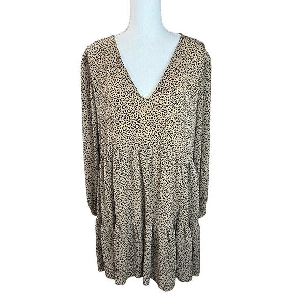 Missguided leopard print smock dress long sleeve NEW neutral tan tiered v-neck - Picture 1 of 9